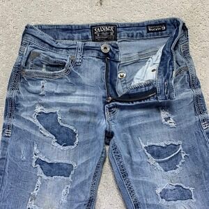 Salvage Buckle Jeans Mens 30x32 Mayhem Straight Leg Distressed Patchwork Blue